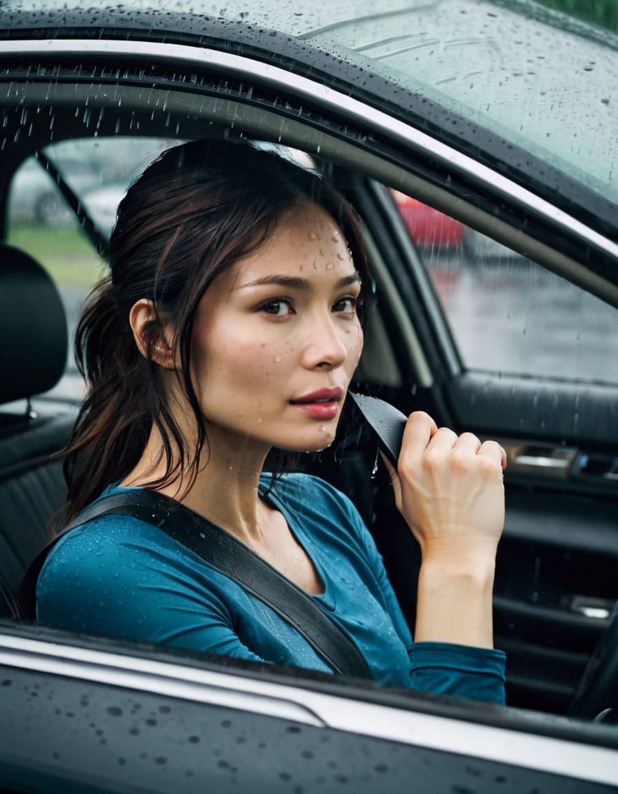 Avery sits in a car, gazing intently through a rain-streaked window at a convenience store.