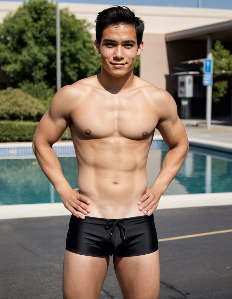 Shirtless Jacob in black swim trunks, arms crossed, smirking in a summer pool parking lot.