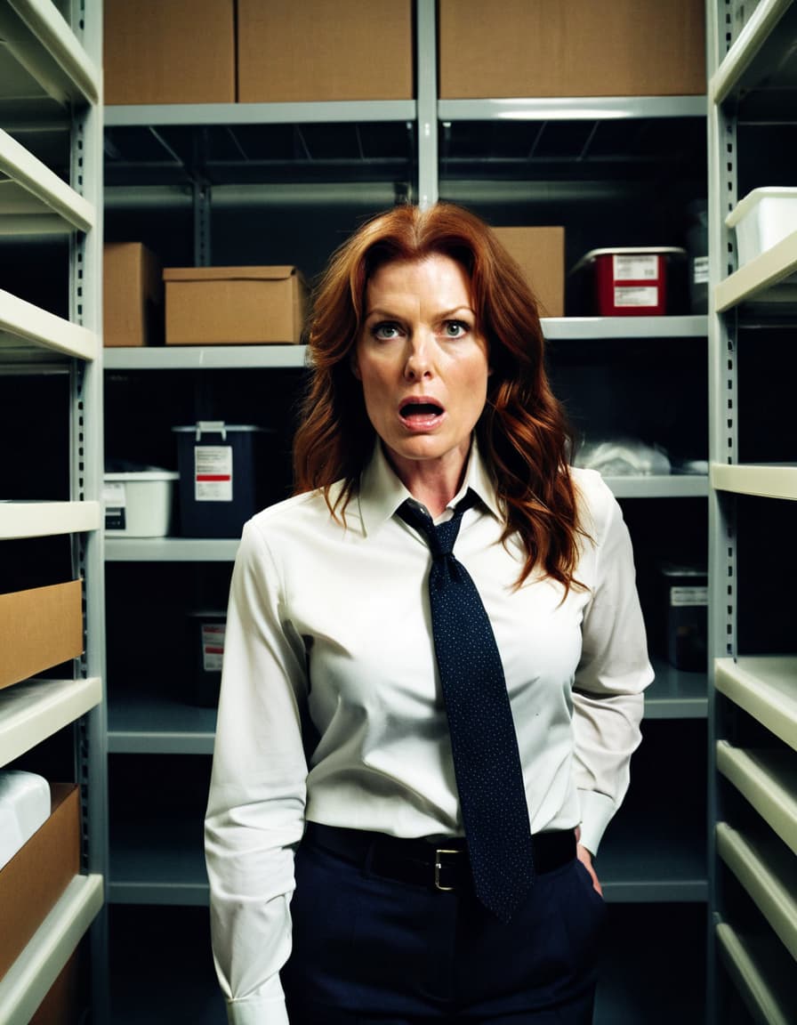 Evelyn, in disheveled business attire, looks up nervously in a cramped, dimly lit supply closet.