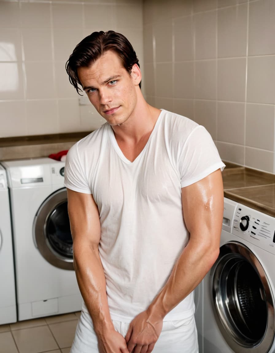 Tom, embarrassed, clutches wet laundry to his chest in a basement laundry room.