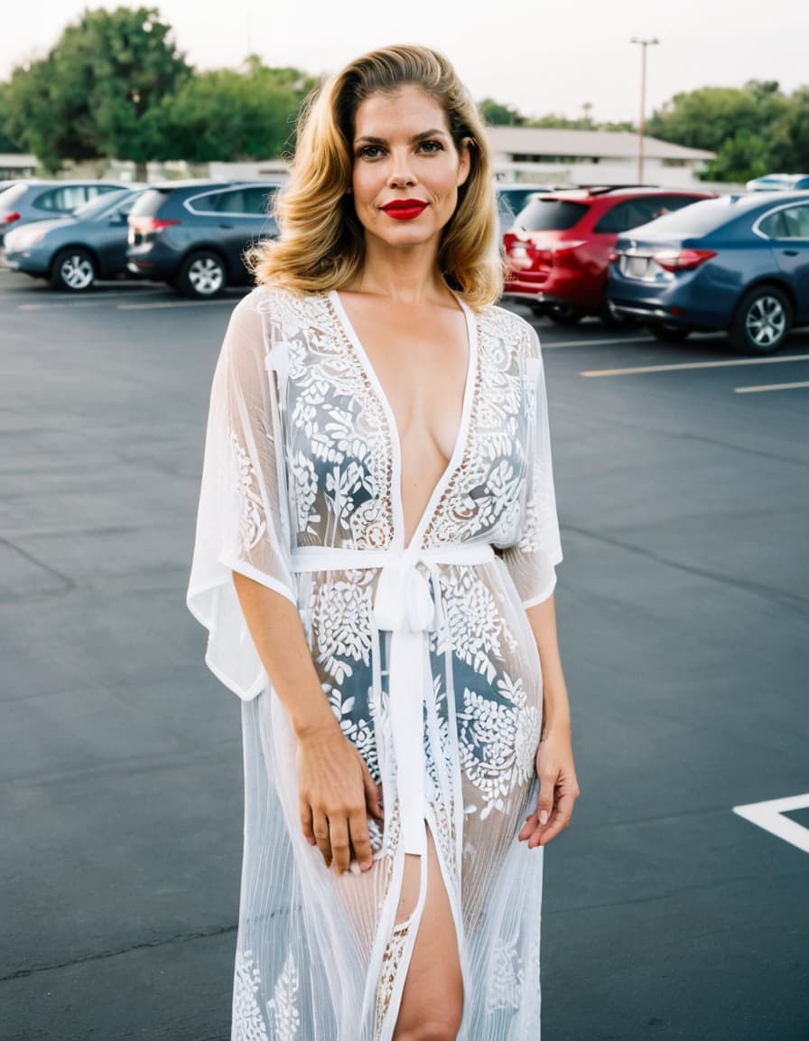 Samantha, in a sheer caftan, smiles confidently at the pool parking lot on a sunny day.