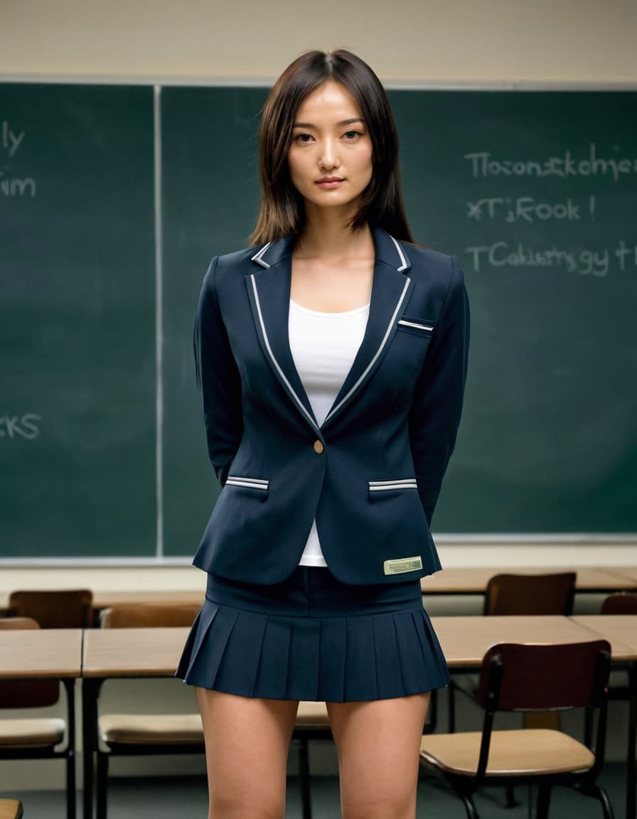 Chloe, in a fitted blazer and skirt, stands confidently in a seminar room, radiating a cold, dismissive air.