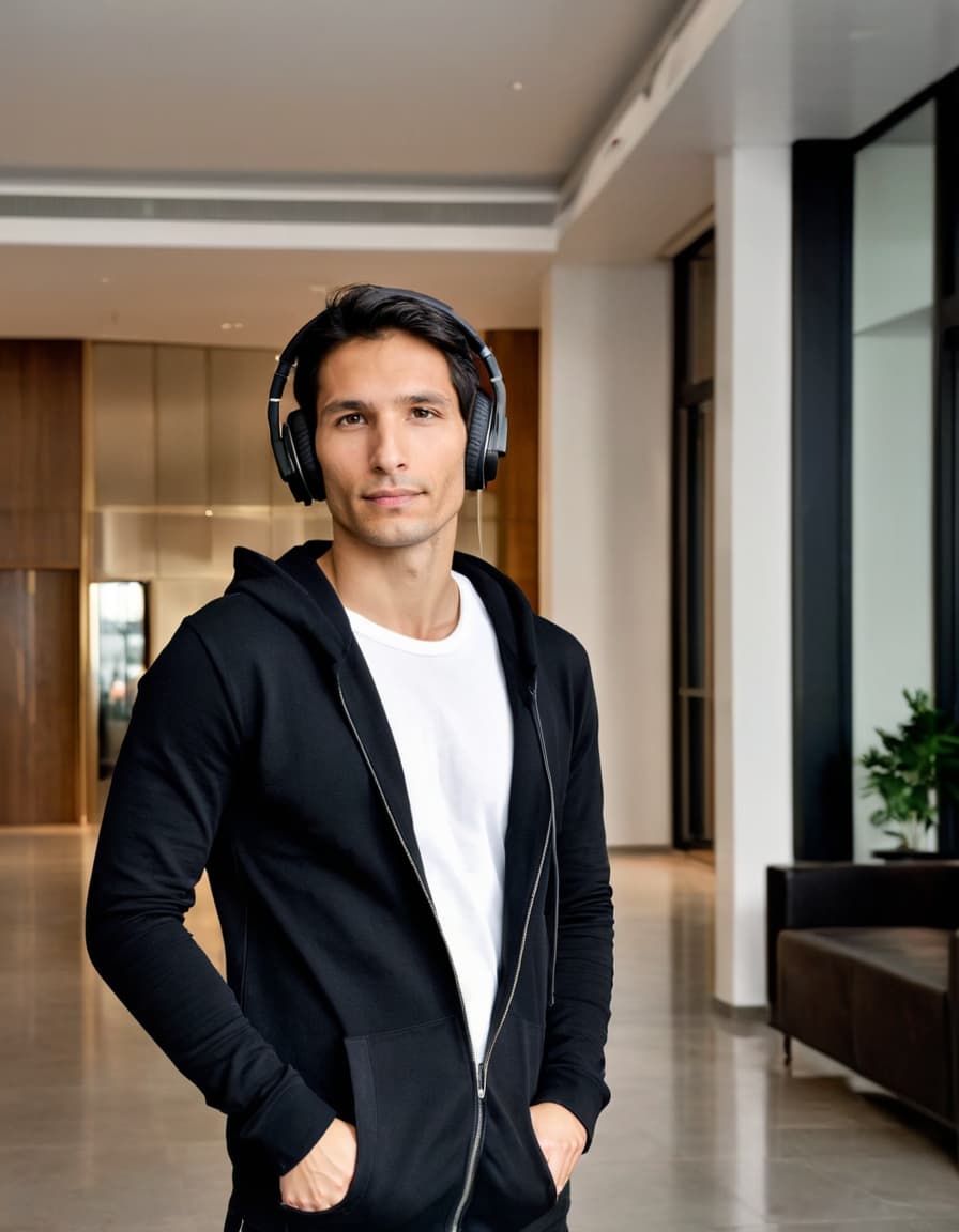 Nathan, in a black hoodie, stands confidently at a high-end building entrance, headphones on.