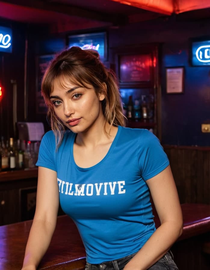 Abigail, tense and uneasy, sits at a smoky pub bar, wearing a tight blue shirt and jeans.