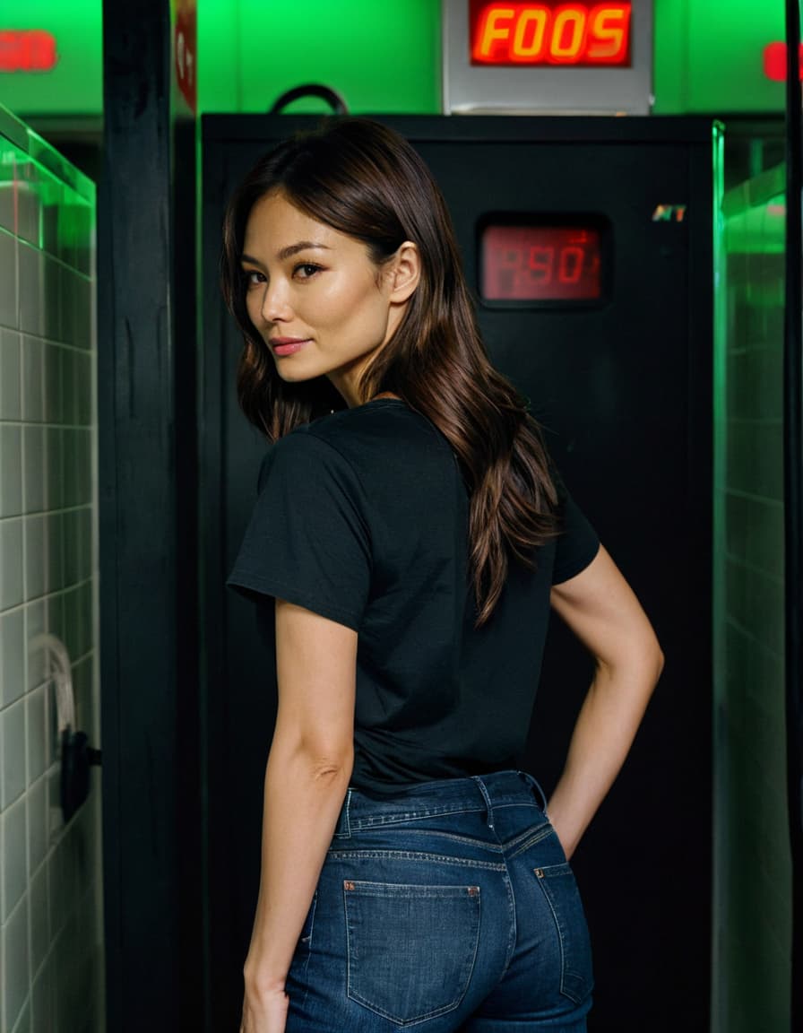 Avery, back turned slightly, looking over shoulder in a small gas station bathroom.