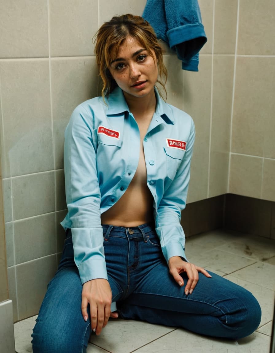 Abigail, mortified, sits on the grimy bathroom floor of a convenience store, undone uniform shirt, unzipped jeans.