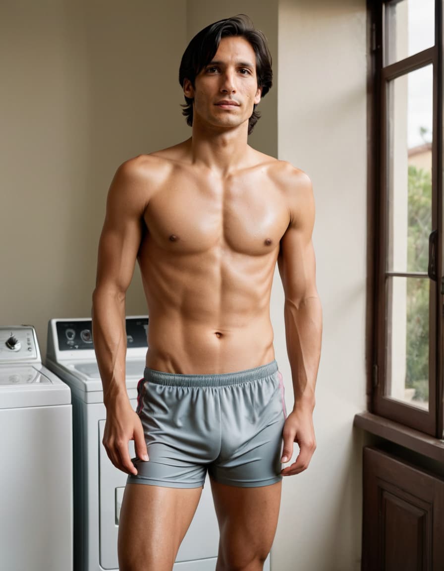 Nathan, sweaty and confident, stands in an empty laundry room after a run.