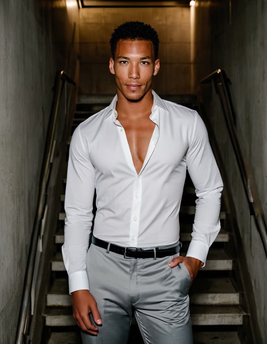 Chris, confidently smirking, in a dress shirt and trousers, standing on a sterile stairwell.