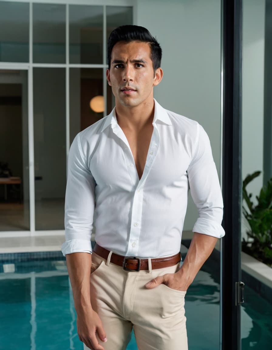 Daniel, shocked and aroused, frozen in a doorway of a minimalist pool office.