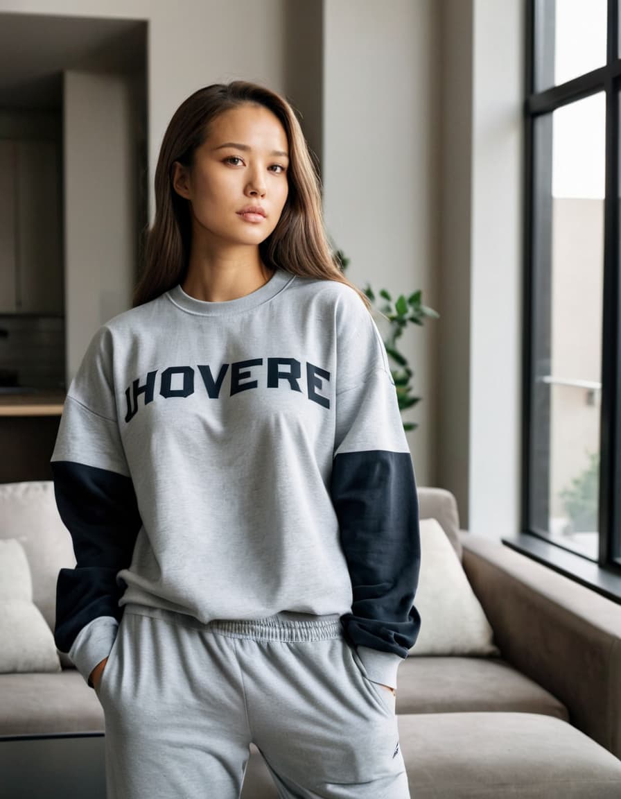 Leah, pensive in her gray sweats and oversized shirt, leans against the wall in a modern living room.