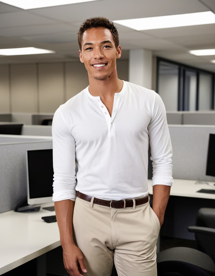 Chris, half-smiling, looking across a minimalist office.
