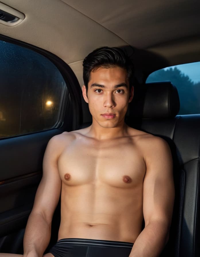 Jacob, seated in a car, gazing upward, fogged windows, black briefs slightly pulled down.