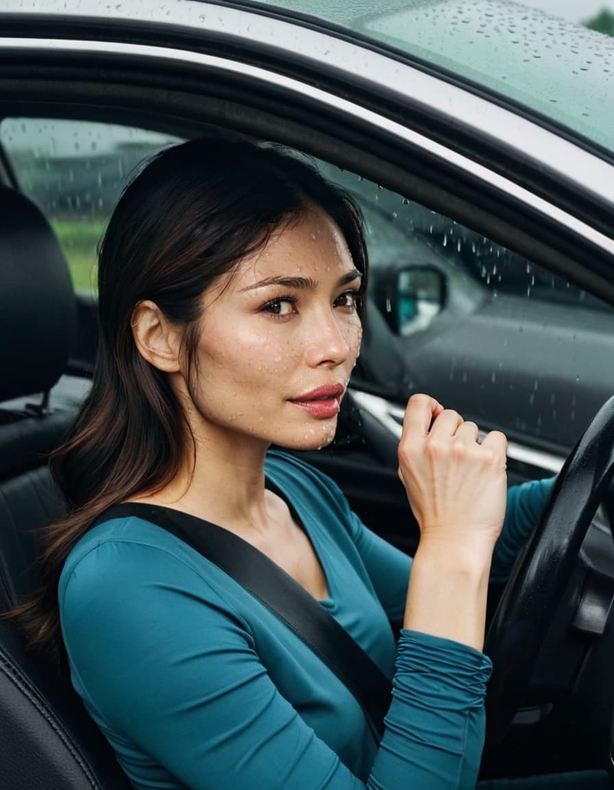 Avery leans into the car, rain-dampened, considering something at the convenience store.
