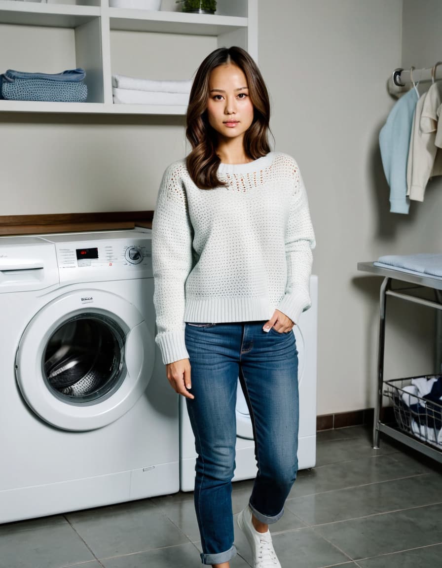 Leah standing in the laundry room, focused and biting her lip.