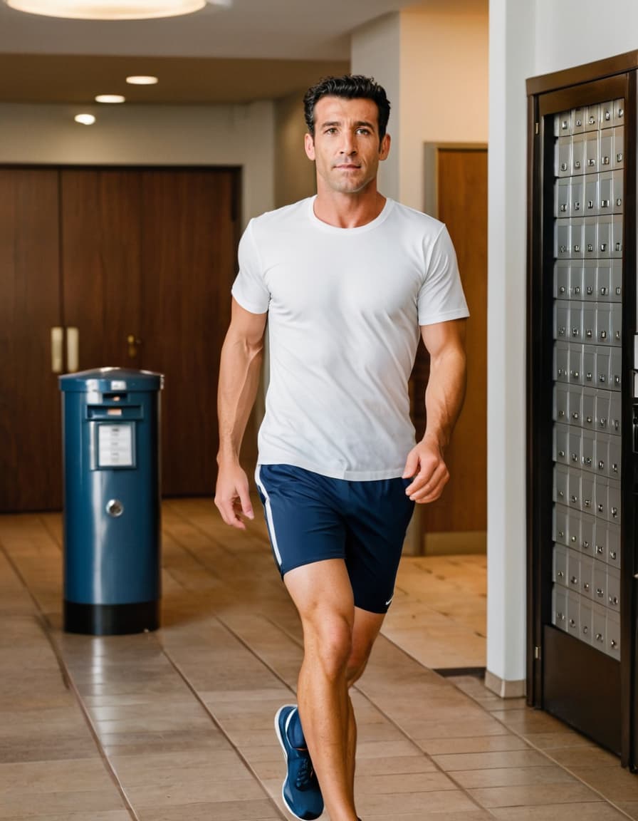 Matt, tensely focused, checks mail in a modern lobby.