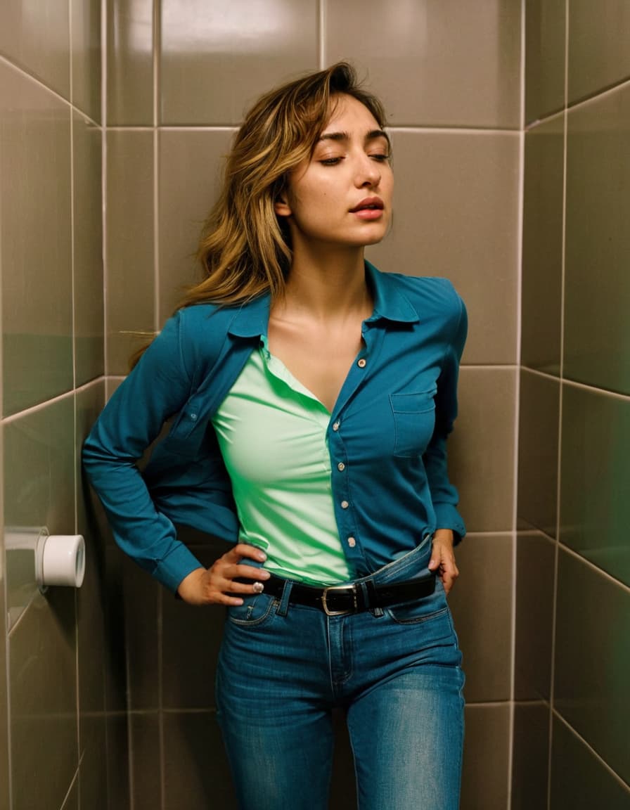 Abigail leans against a restroom wall, eyes closed, in a tight-fitting polo shirt.