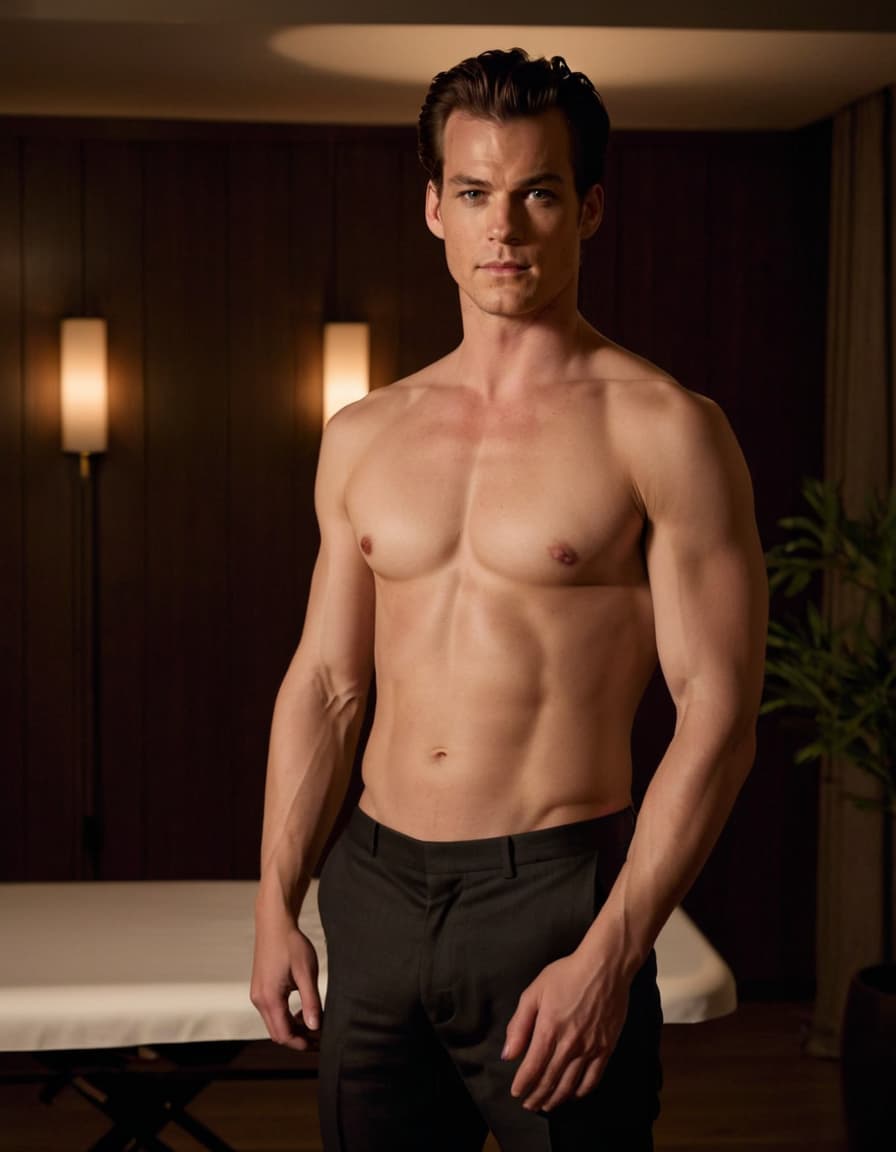 Tom, intensely focused, stands confidently in a minimalist massage room, unbuttoned dress shirt showcasing his physique.