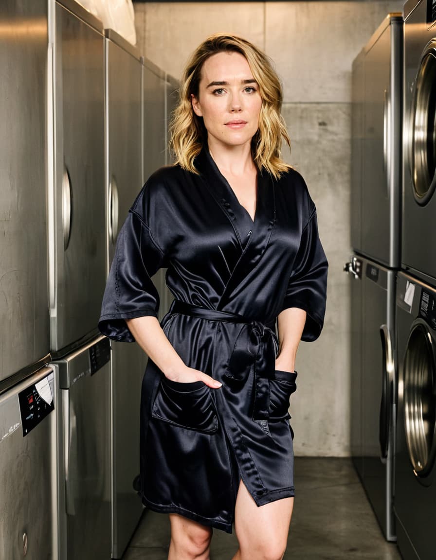 Zoe, embarrassed, turns in the basement laundry room, wearing a black bathrobe.