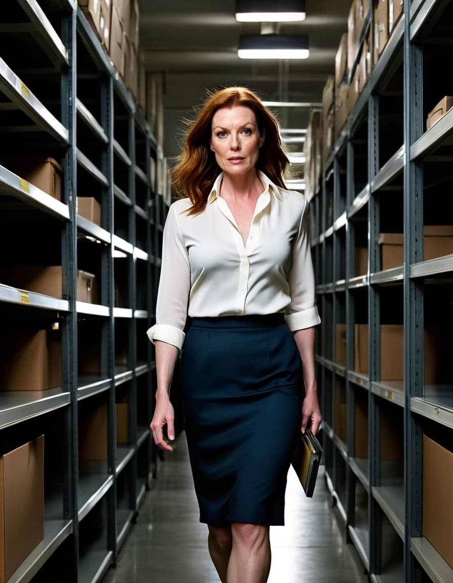 Anxious Evelyn paces a windowless supply closet, wearing a silk blouse and pencil skirt.