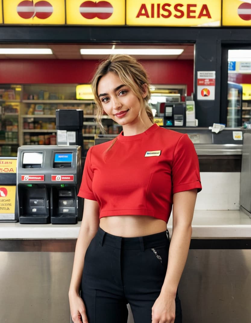 Abigail, flushed, leans against gas station counter, eyes on the doorway.