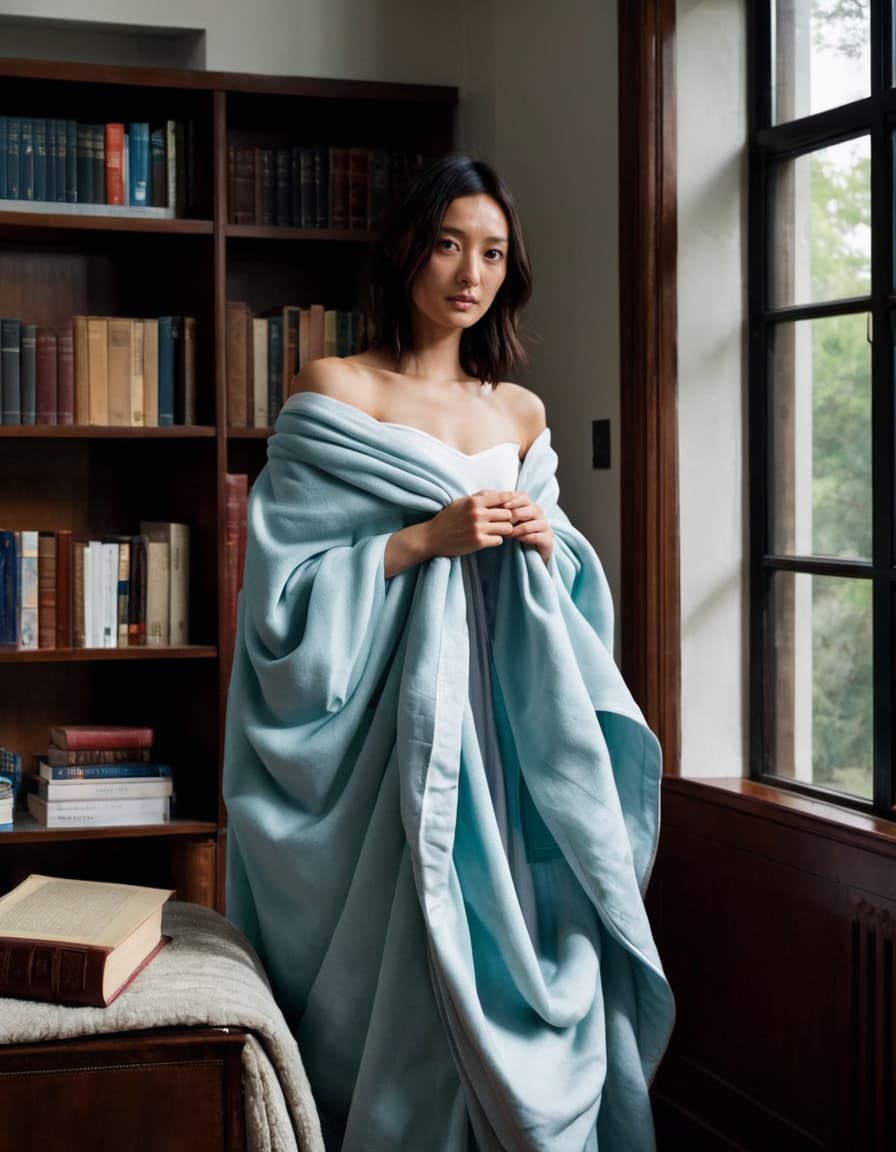 Chloe, vulnerable, in a room, draped blanket.