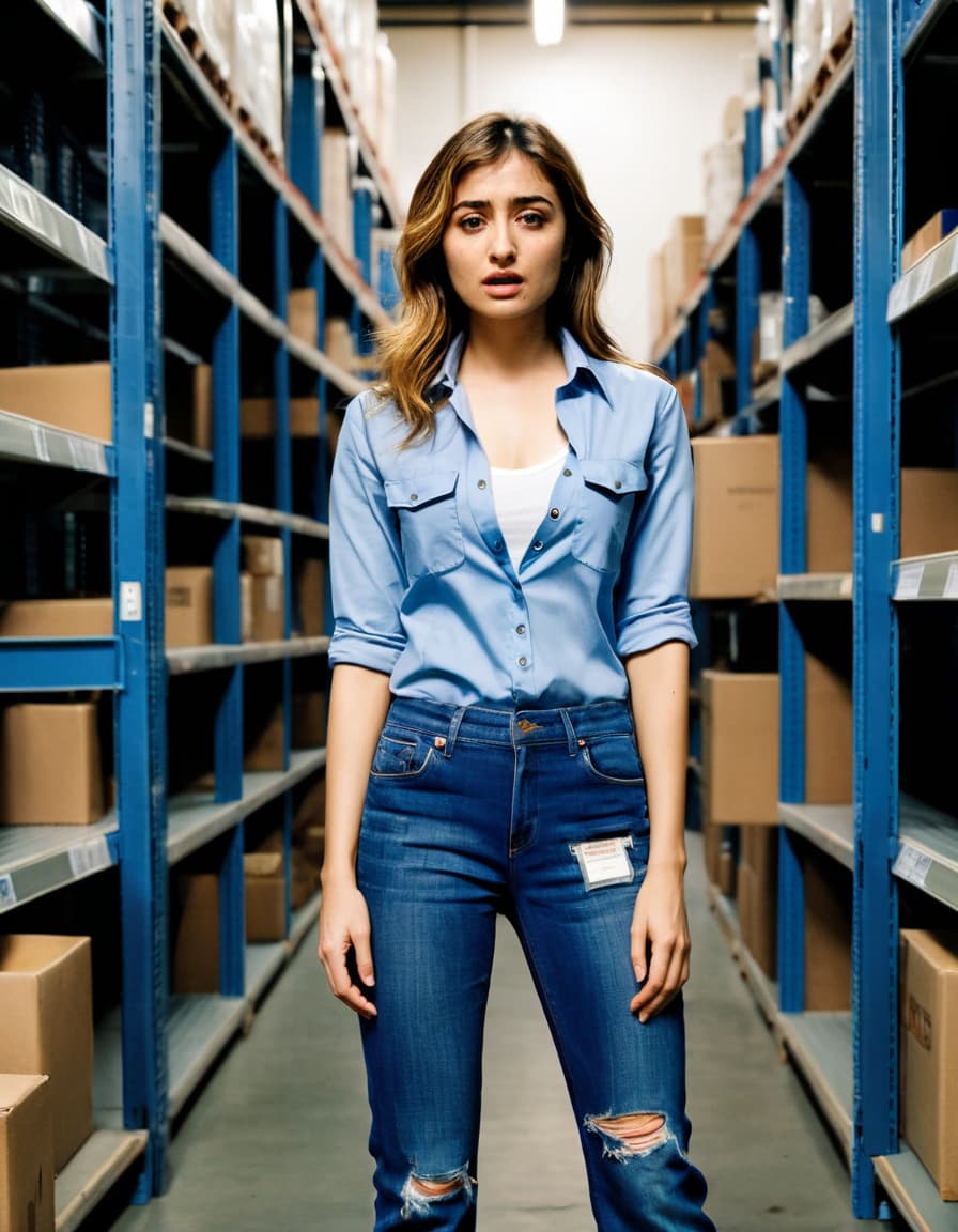 Abigail, shocked and intrigued, stands in a doorway of a stockroom.