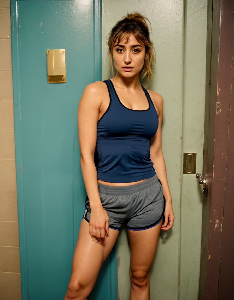 Abigail, flushed and wide-eyed, leans against a weathered park restroom wall, wearing a sports bra and shorts.