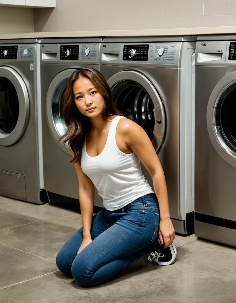 Shy Leah, flushed cheeks, kneels in the laundry room, unbuttoned jeans and tank top.