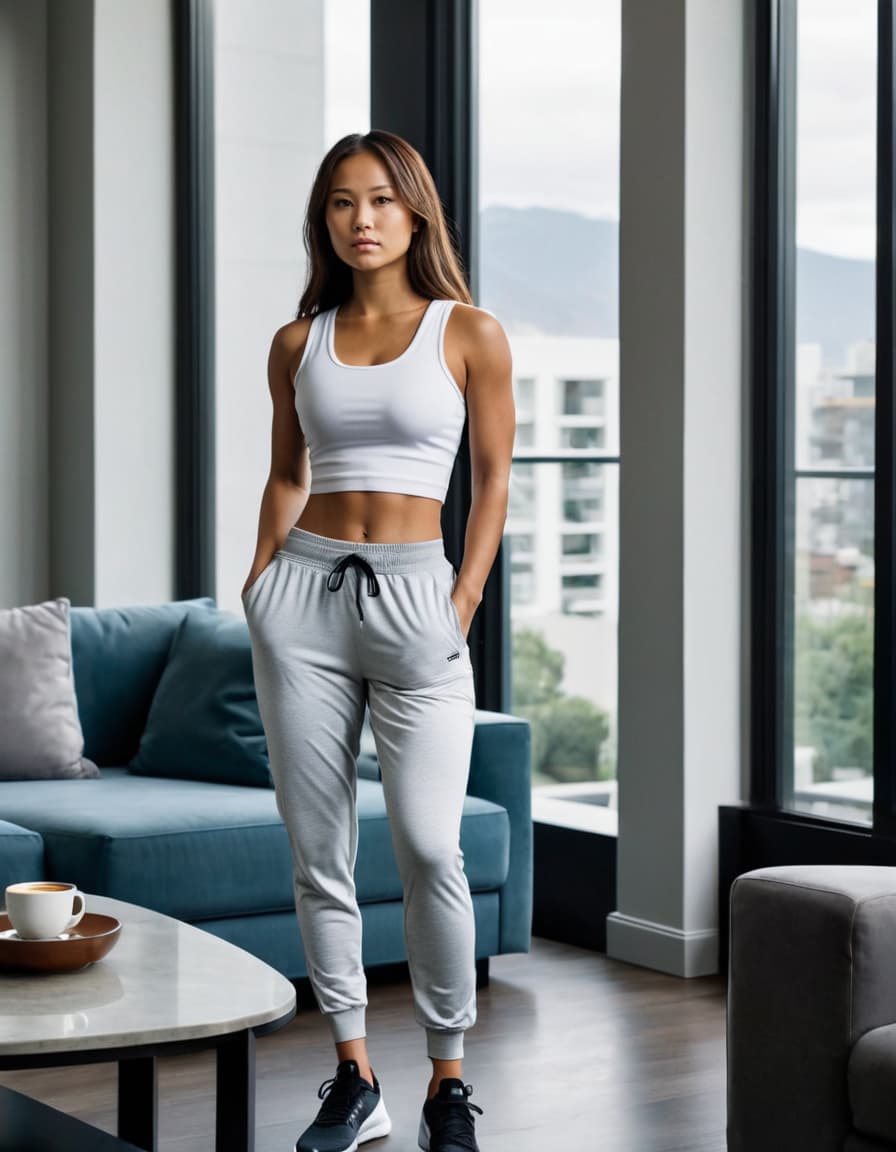 Leah, in a low-cut top and joggers, gazes intently out a modern apartment window.
