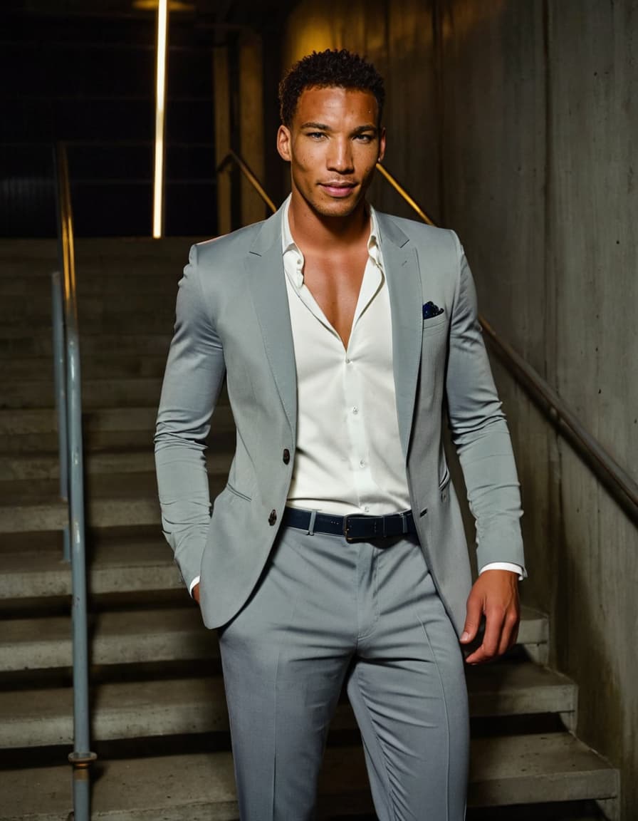 Chris, confidently smirking, in an open blazer and dress pants, stands in a sterile stairwell.