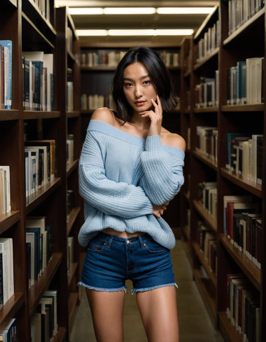 Chloe, anxiously biting her lip, stands by library shelves in a short denim shorts and off-shoulder sweater.
