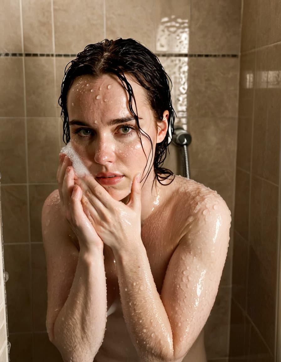 Zoe, damp and vulnerable, drying her hair in a small bathroom.