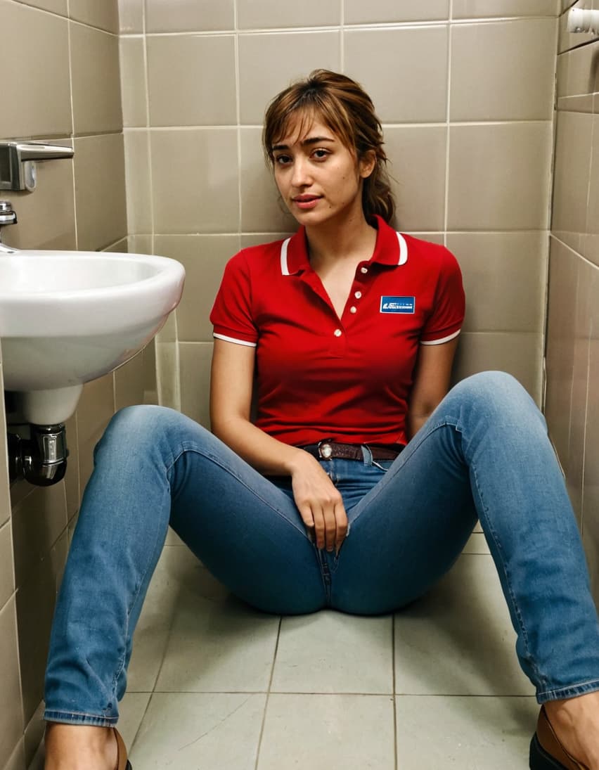 Abigail, mortified, sits on the grimy bathroom floor of a convenience store, her polo shirt partially unbuttoned.