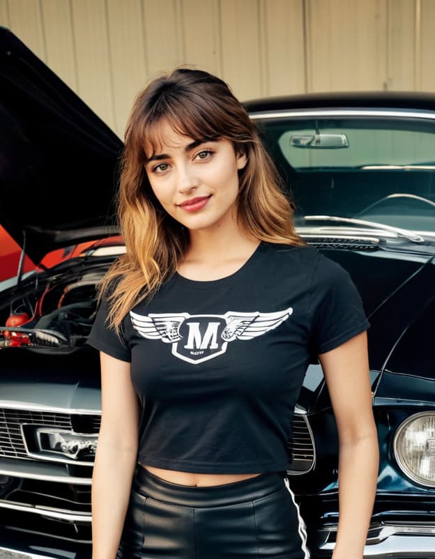 Abigail leans against a vintage Mustang in a dim garage, looking pensive.
