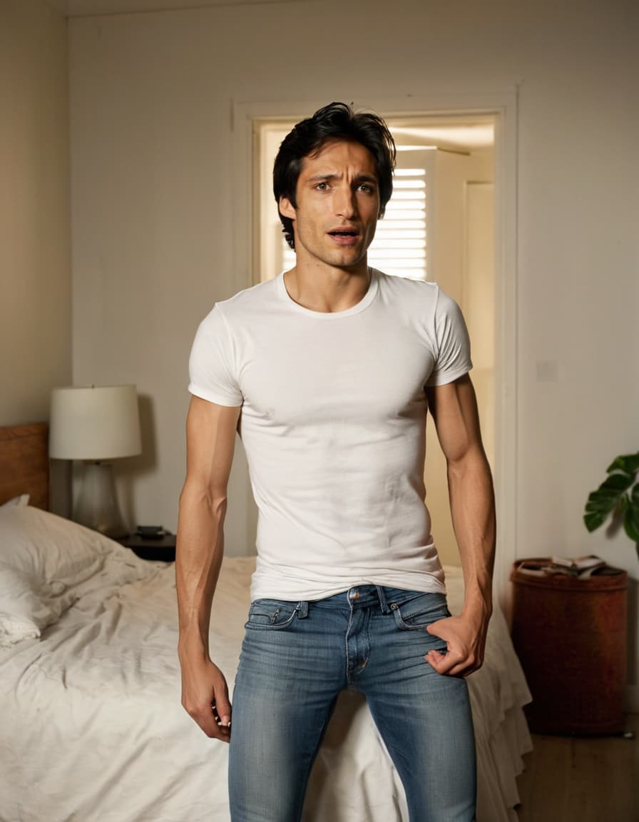 Nathan, shocked, frozen in doorway of messy bedroom.