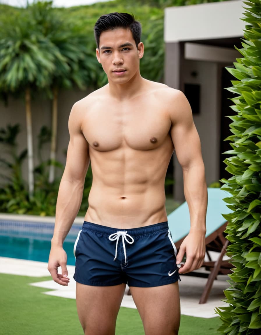 Jacob, tense and avoiding eye contact, stands rigidly by the pool, dark board shorts low-slung.