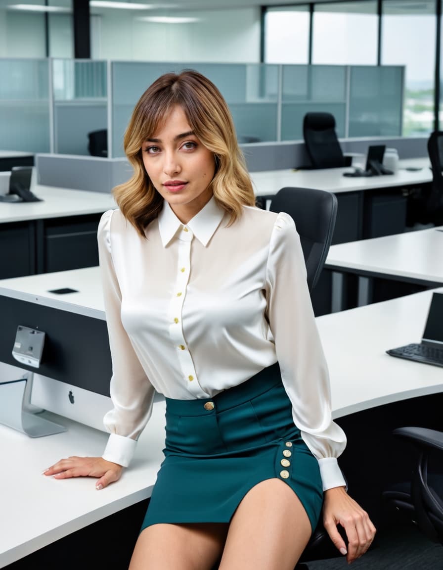 Abigail, excited, leans over a desk in a modern office.