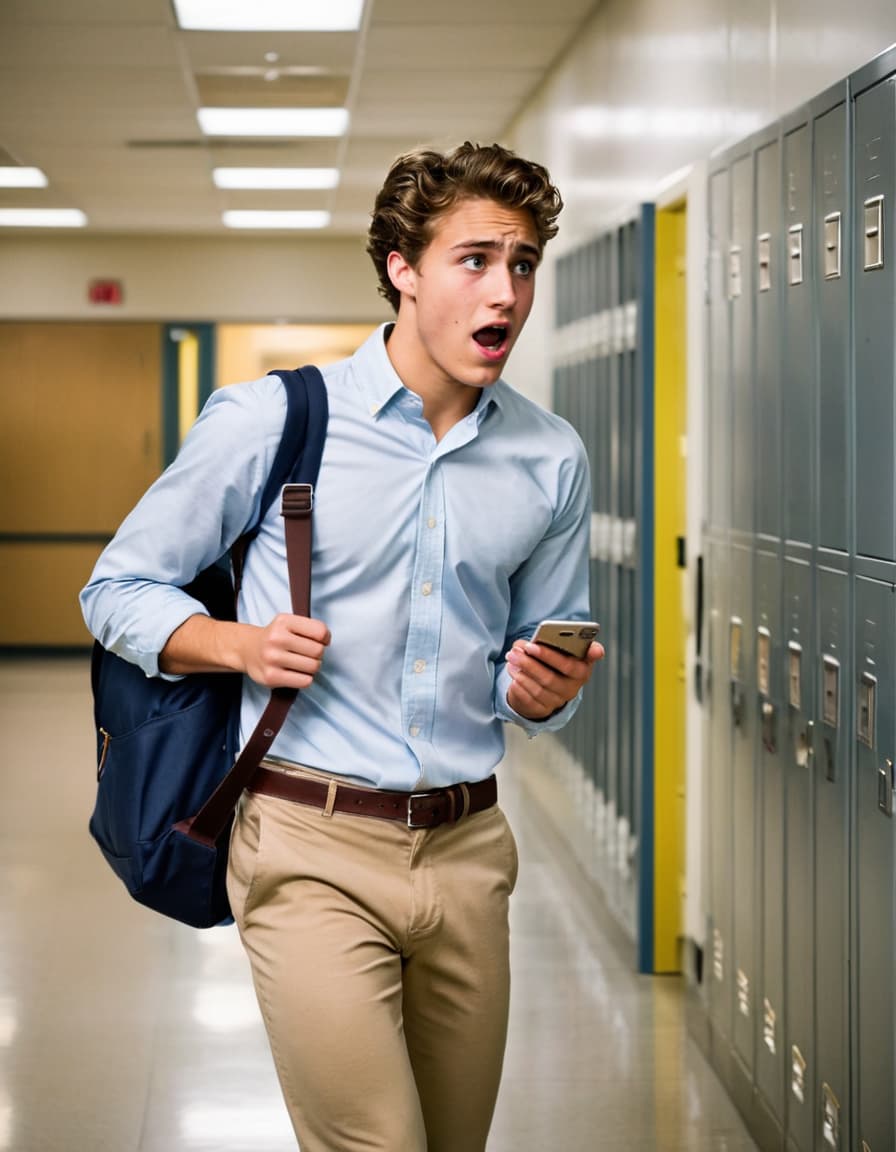 Logan, shocked, frozen mid-step in a university corridor, holding a phone.