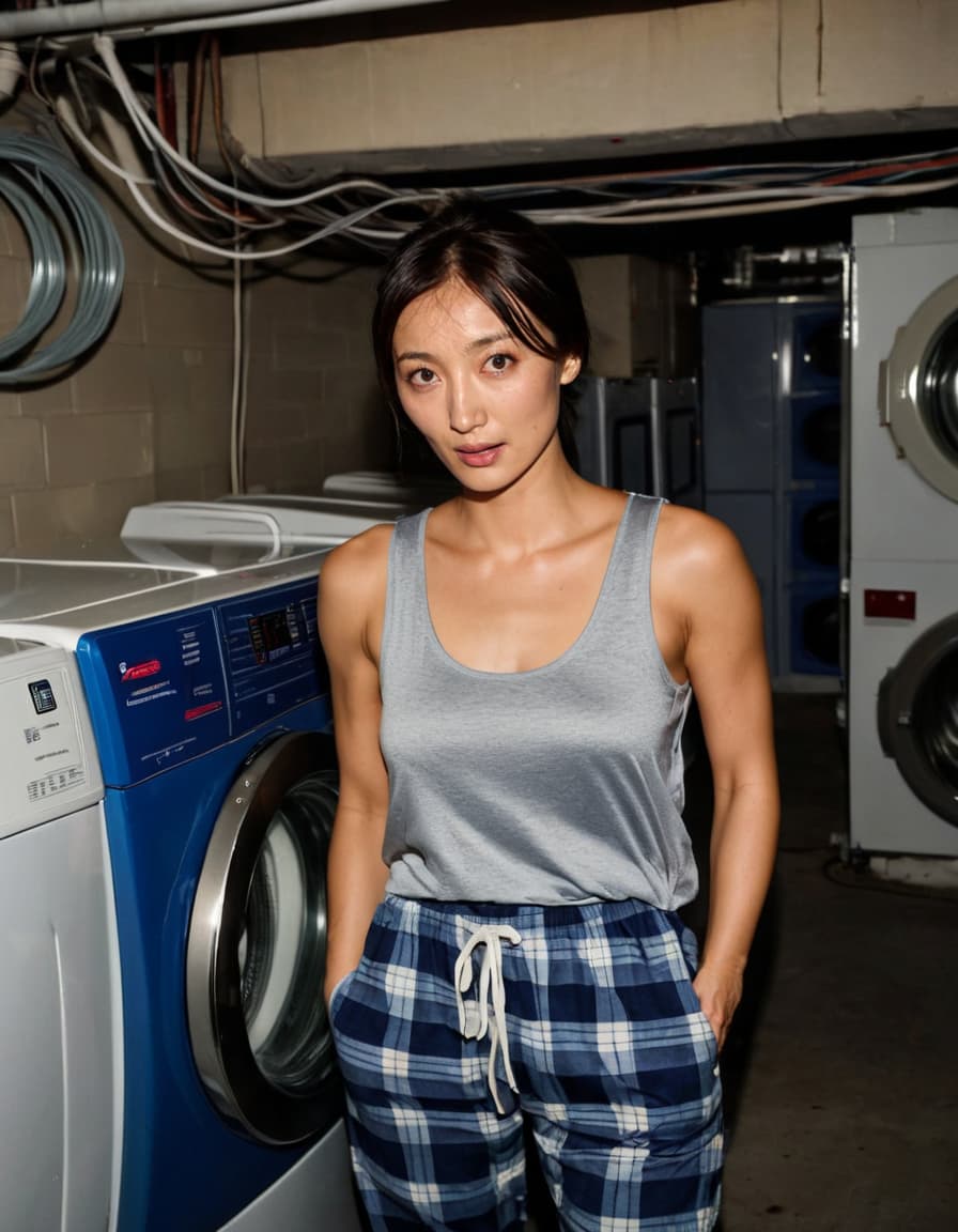 Chloe, wide-eyed and shocked, in a basement laundry room.  Emergency lights.