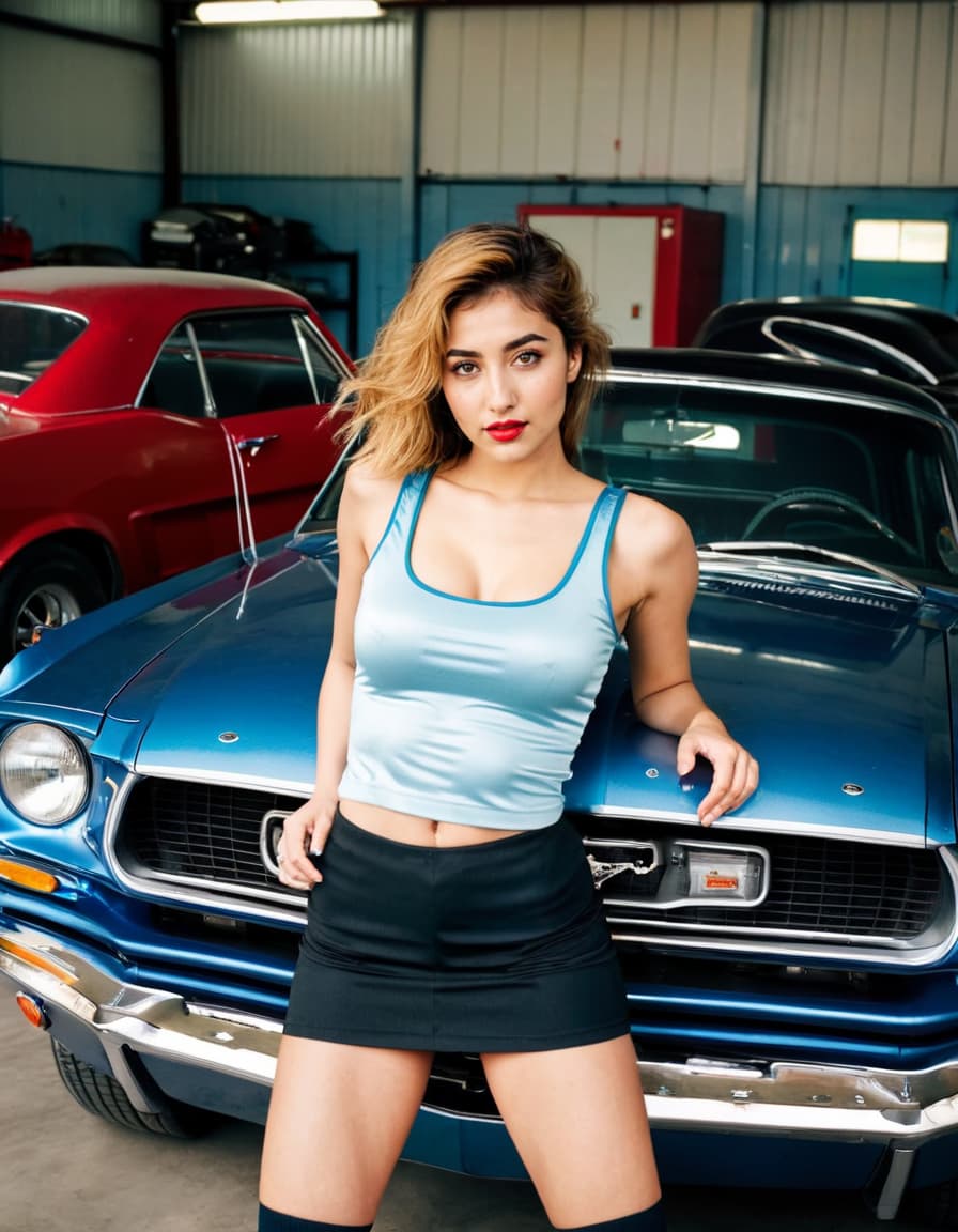 Abigail, leaning against a vintage Mustang in a dimly lit garage, wearing a low-cut top and mini skirt.