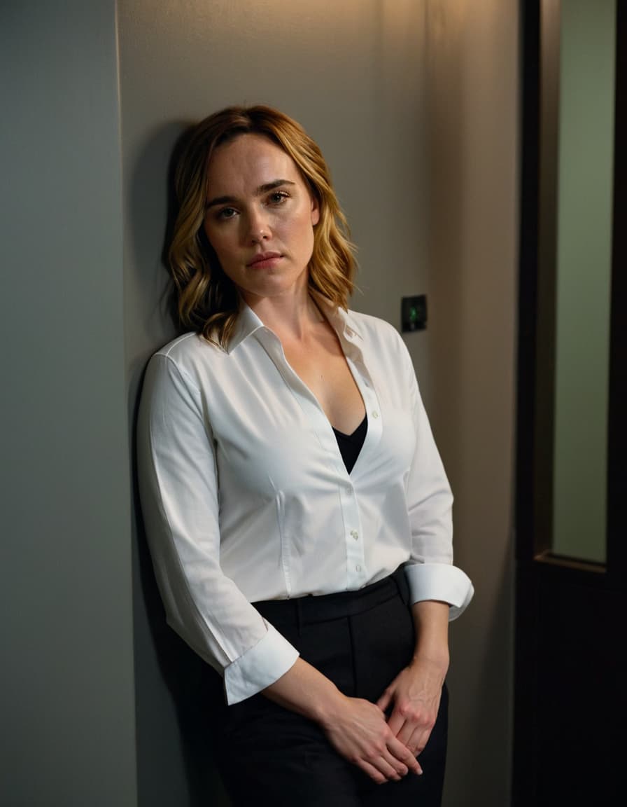 Zoe, thoughtfully leaning against a massage room wall, wearing a partially unbuttoned white shirt.