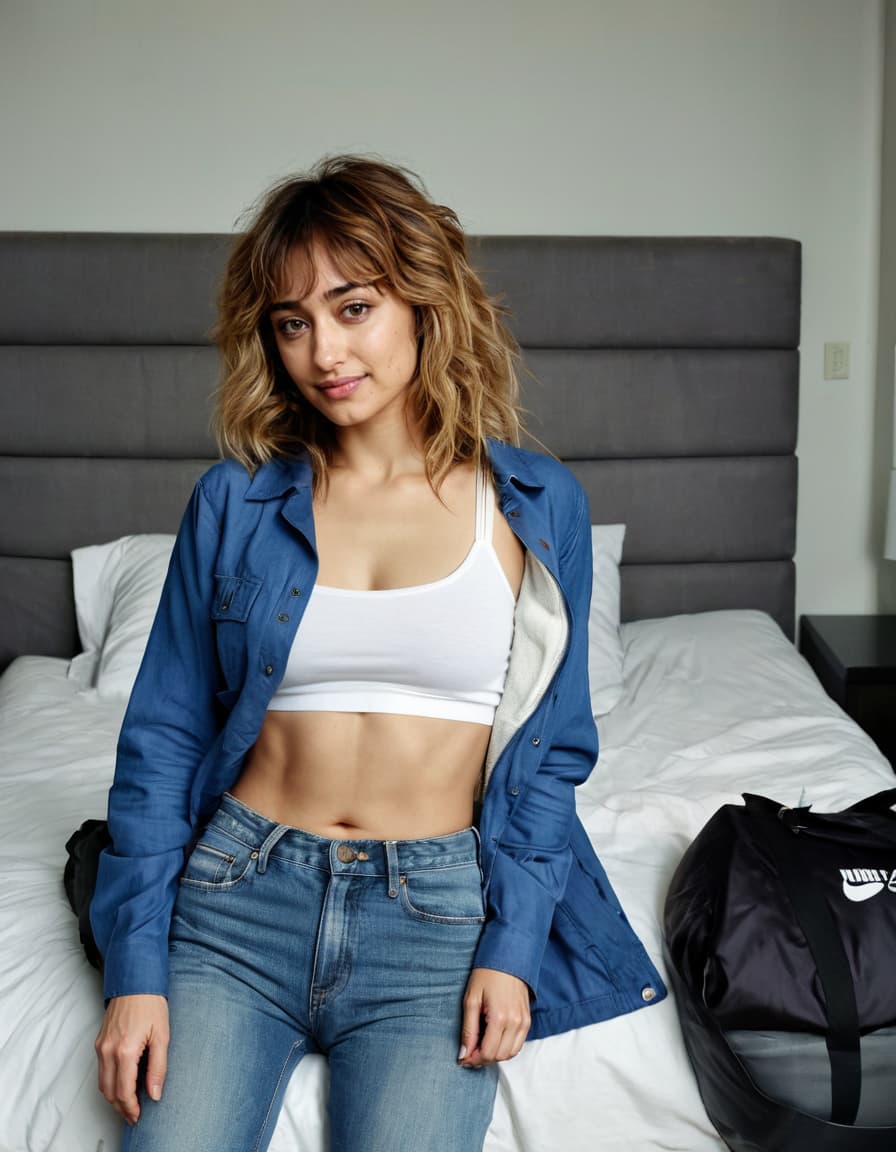 Abigail curled up in a messy room, flushed and tired.