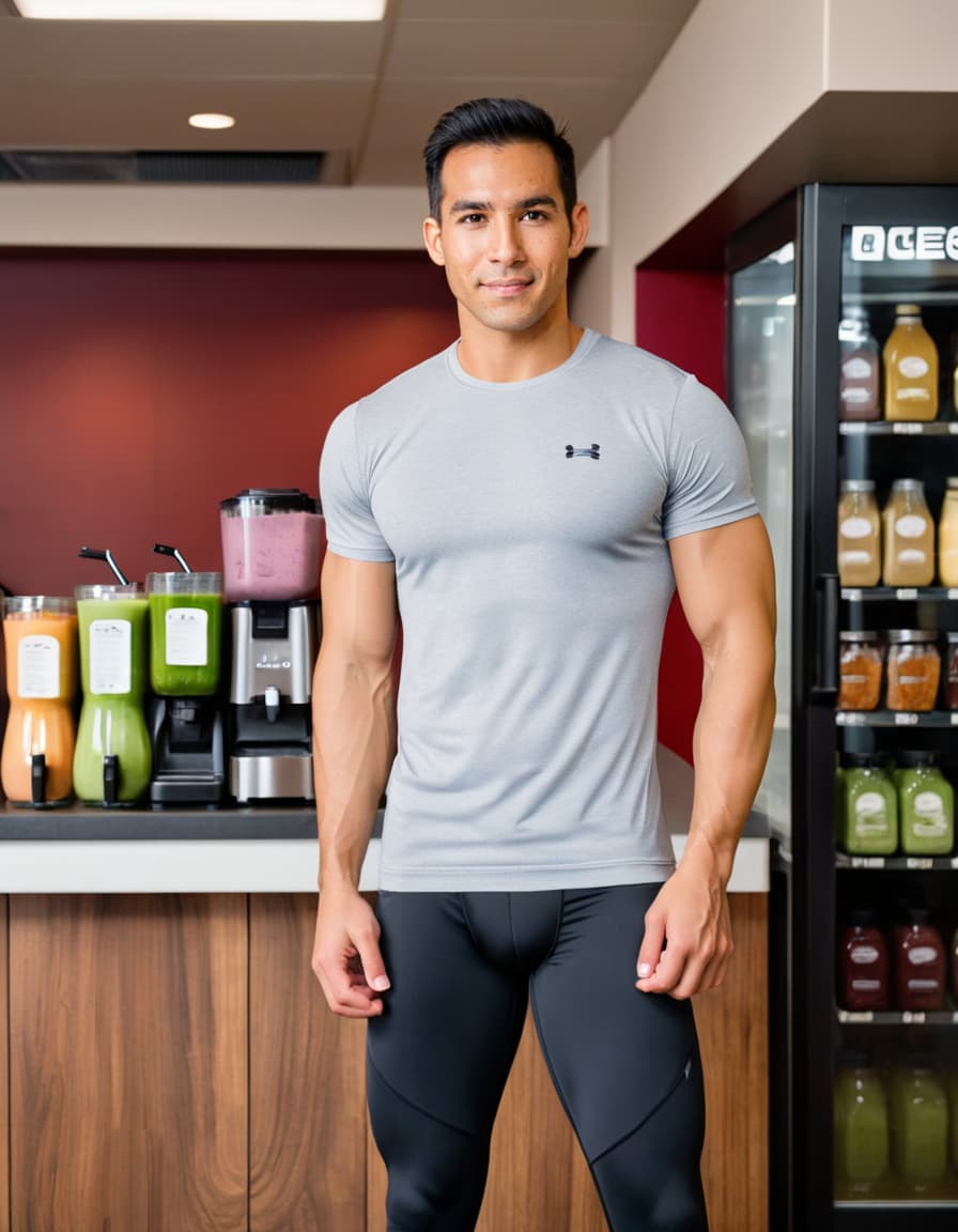 Daniel, in a performance t-shirt and training pants, stands at a sleek smoothie bar, a smoothie in hand, looking distracted.