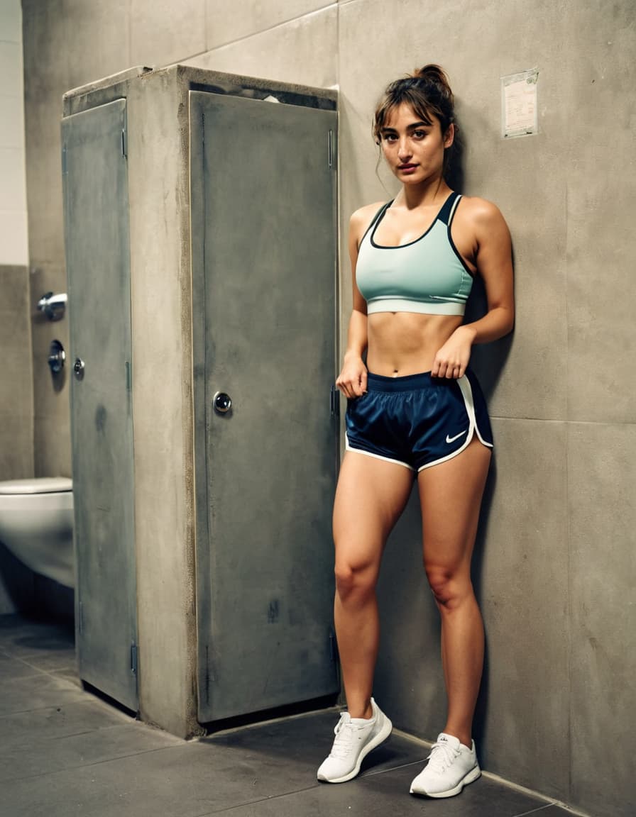 Abigail, flushed and wide-eyed, leans against a dingy bathroom wall, wearing athletic attire.