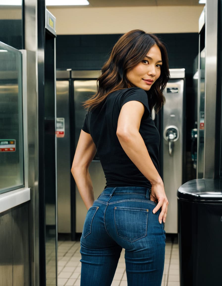 Avery, back turned, looking over shoulder in a convenience store restroom.