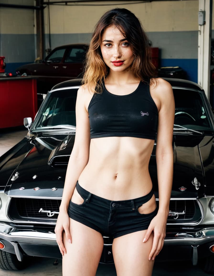 Abigail in a dim garage, near a vintage Mustang.