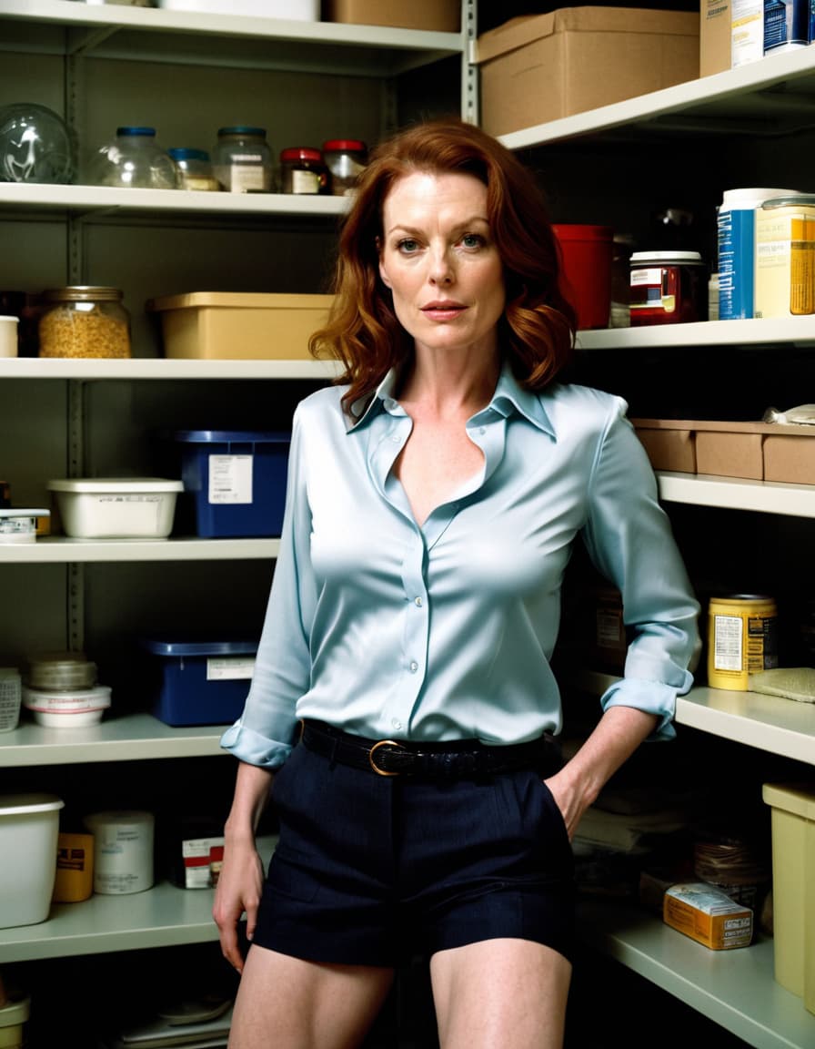 Evelyn leans against shelves in a dim supply closet, her blouse undone.