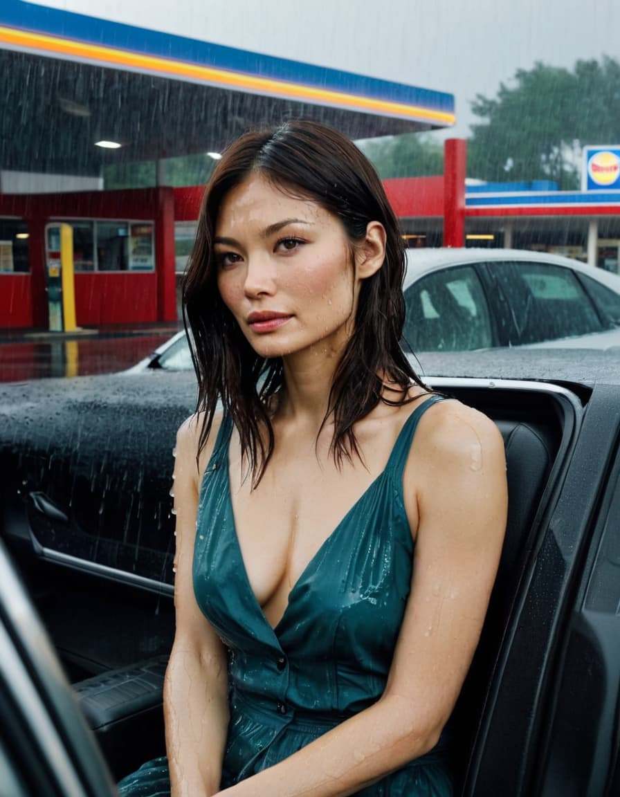 Avery, wet hair, low-cut blouse, gazing intently through a rain-streaked car window in a parking lot.