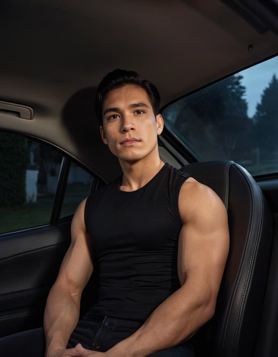 Jacob, seated in a car, looking up intently in a foggy lot.