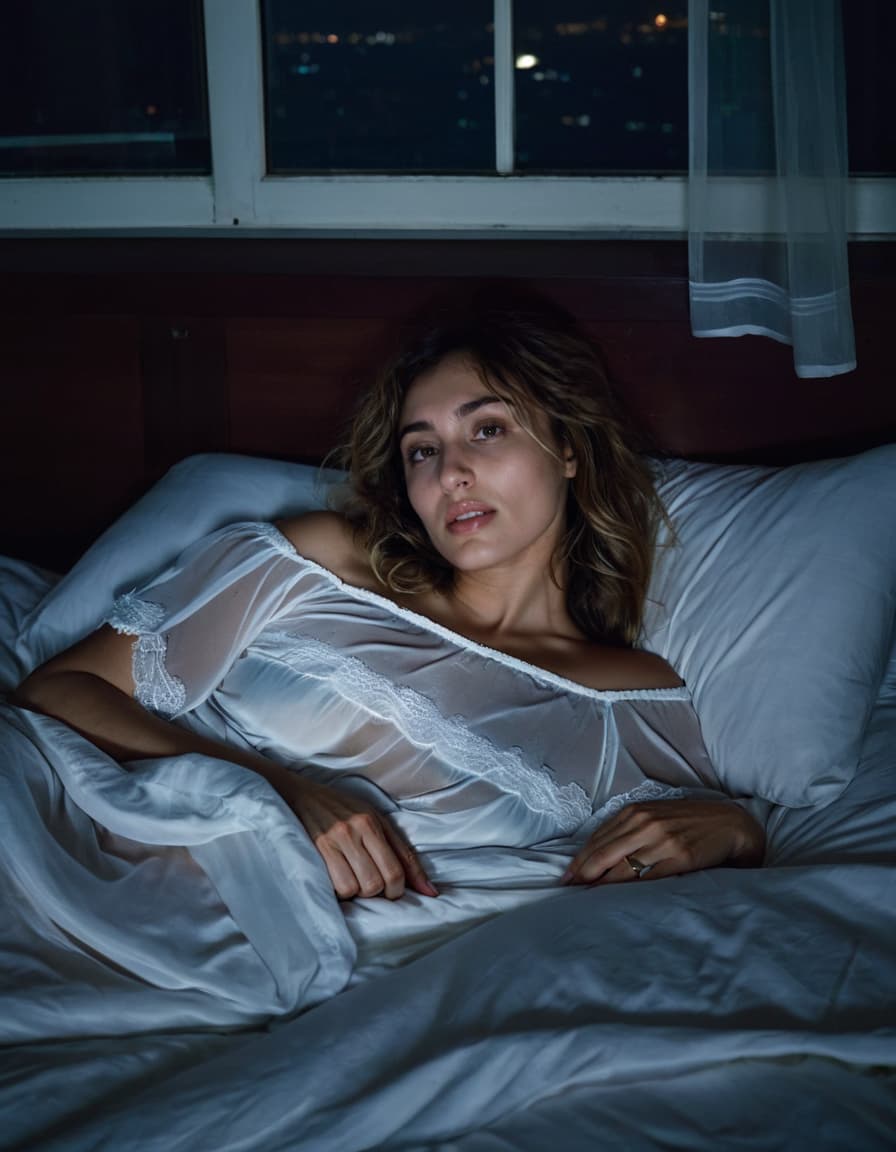 Abigail, flushed and alluring, in a sheer white nightshirt, lies in a moonlit bedroom.